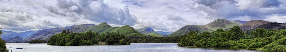 View across Dewentwater to the long ridge of Catbells