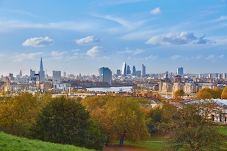 View across the City of London and the River Thames from Greenwich