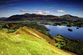 View of Derwentwater and the surrounding mountains from the ridge of Catbells