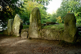 Standing sarcen stones at the entrance to Wayland Smithy Neolithic burial chamber