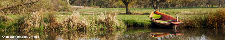 Rowing boat on riverbank 